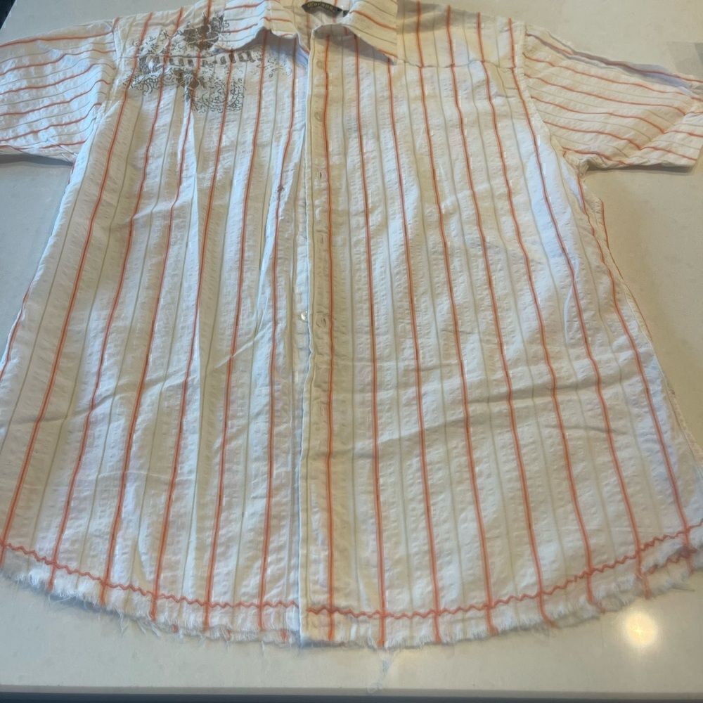 Corona beer men’s shirt size Xl super cool white orange Fringe hem line. A must.